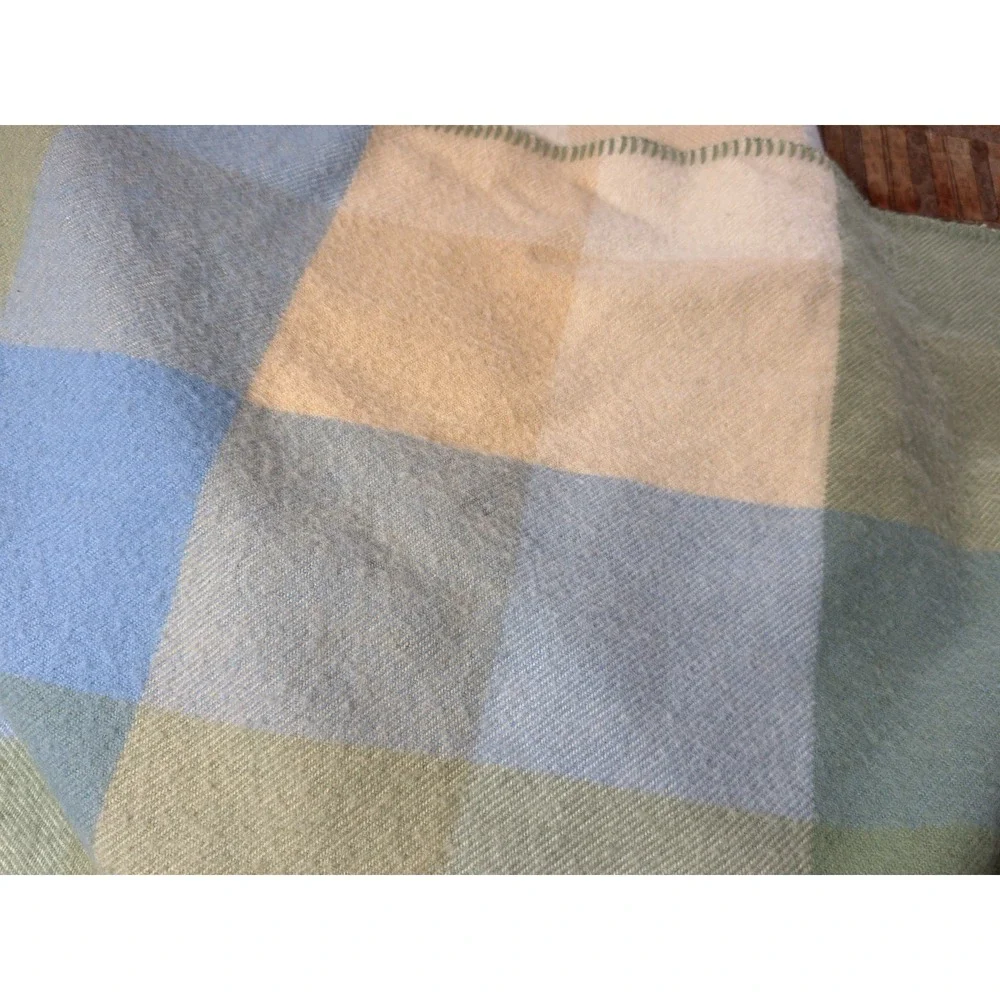 LL Bean Wool Blanket King Plaid Check Whipstitch Hem Blue Green Cream Lodge Camp